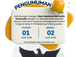 Kantor Imigrasi Kelas II TPI Belakang Padang Umumkan Penyesuaian Jadwal Pelayanan dalam Rangka Hari Lahir Pancasila Tahun 2026